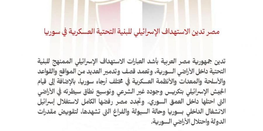 مصر تدين الاستهداف الإسرائيلى للبنية التحتية العسكرية فى سوريا - ترند نيوز