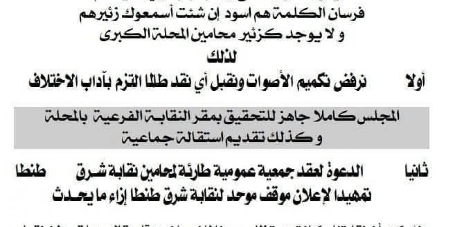 نرفض تكميم الأصوات.. محامين شرق طنطا ترد على علام بعد إحالته لعضو النقابة الفرعية - ترند نيوز