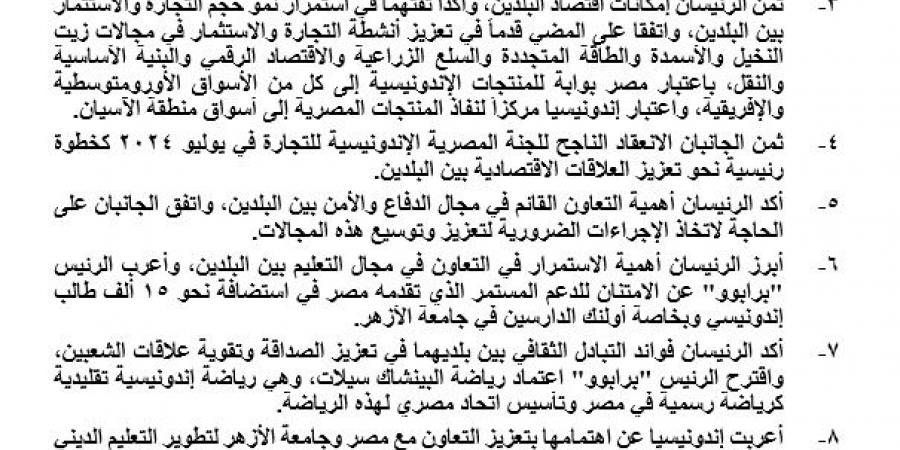 شراكة جديدة بين مصر وإندونيسيا.. نتائج مباحثات السيسي و سوبيانتو - ترند نيوز