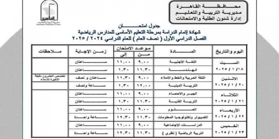 جداول امتحانات النقل والشهادة الإعدادية بالقاهرة الترم الأول 2025 - ترند نيوز